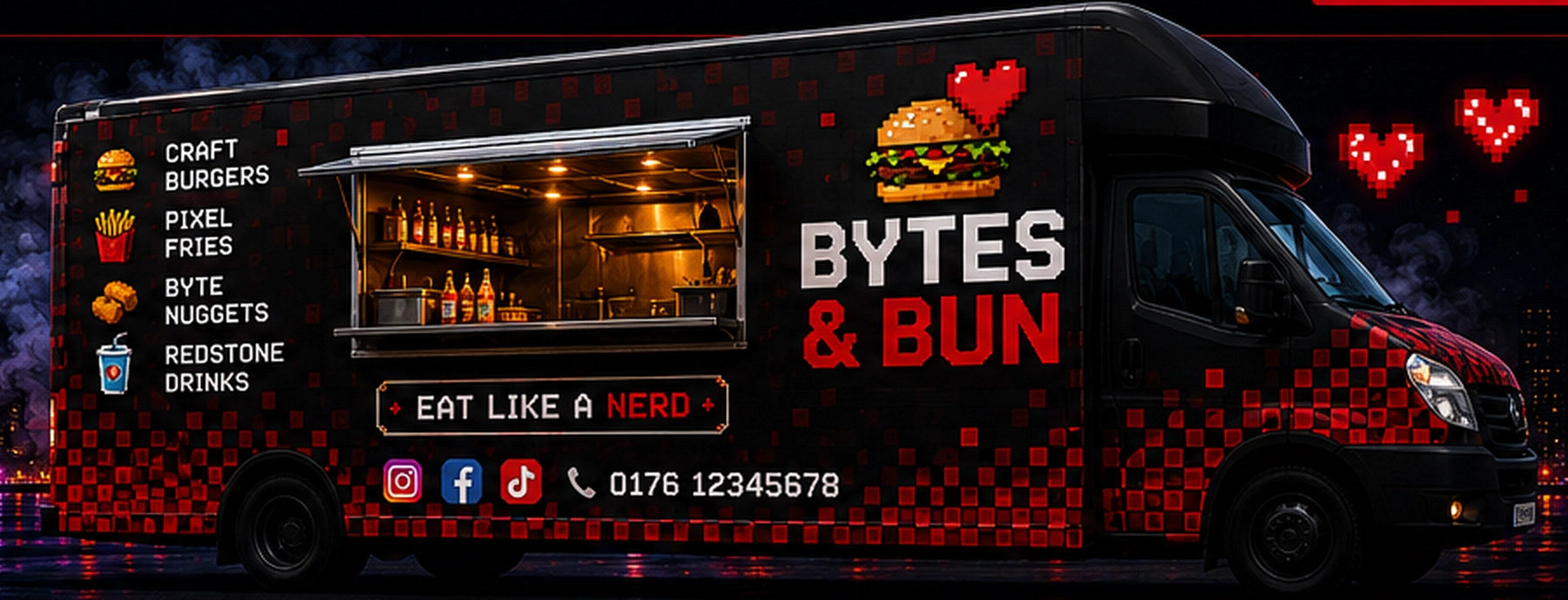Bytes & Bun Foodtruck im roten Pixel-Design